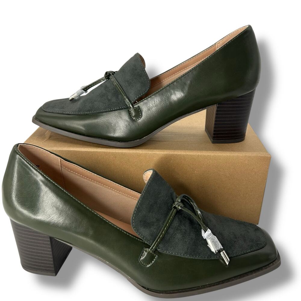 NEW Journee Loafer Heels Size 6 Olive Green Pumps Square Toe Y2K Quiet Luxury